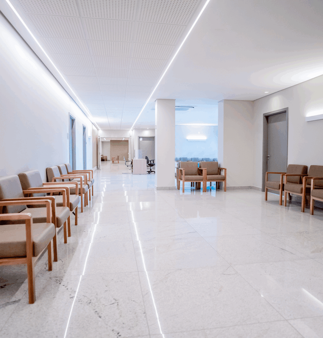 Bright corridor with seating area
