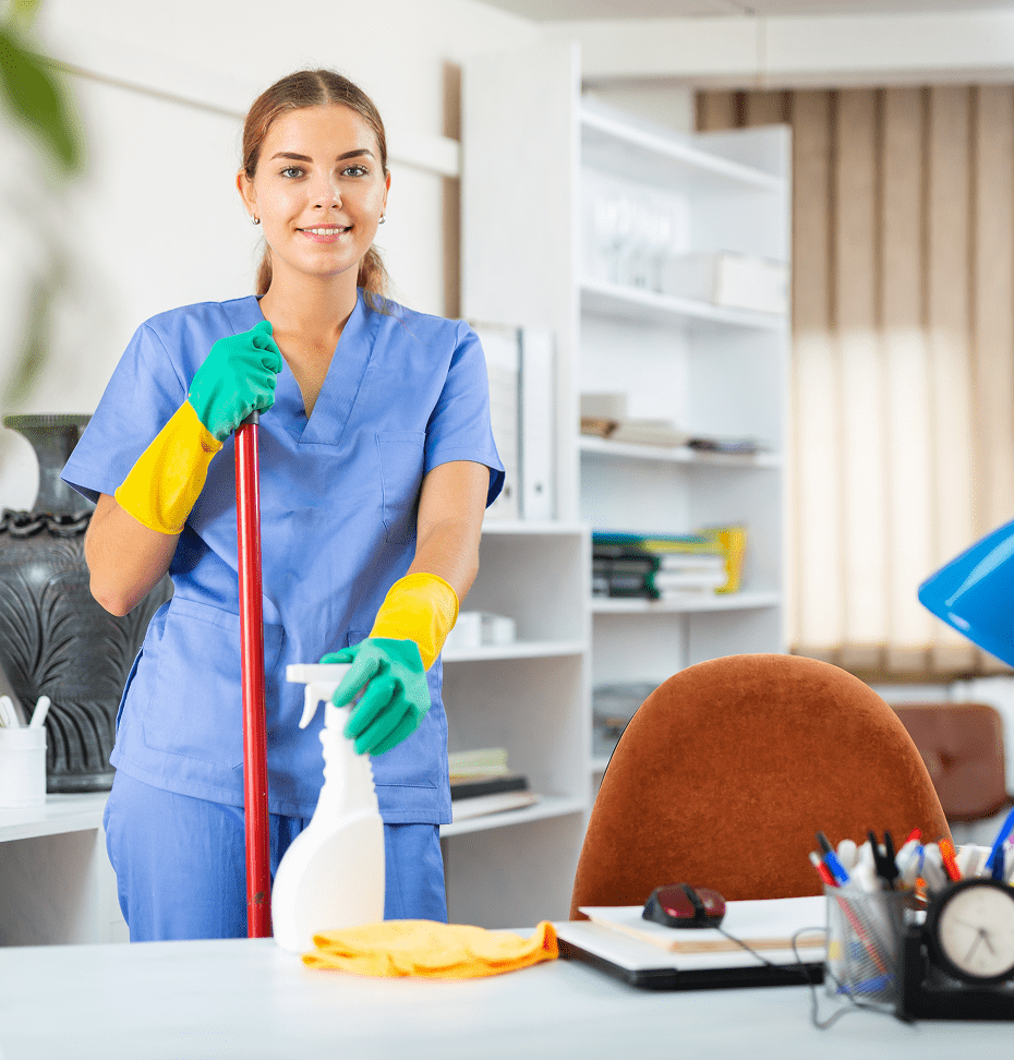 Office cleaning with mop and spray bottle