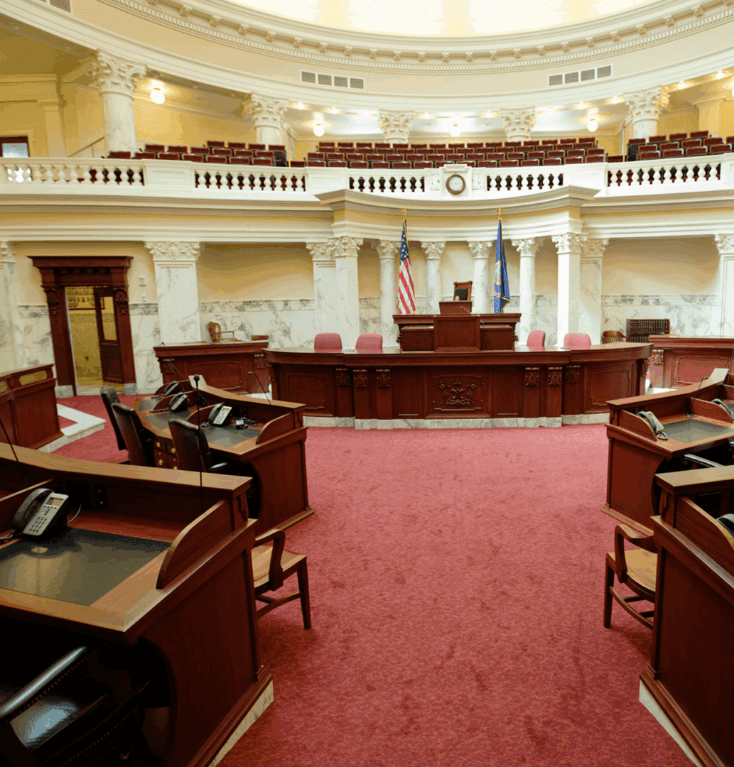 Legislative assembly room with flags