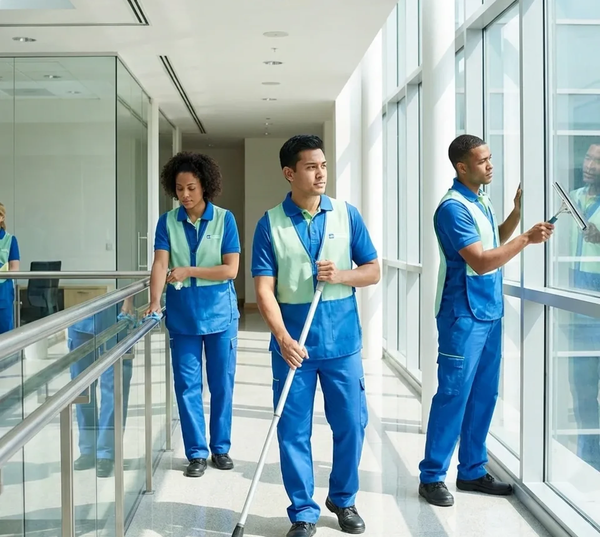 Team mopping and cleaning large windows