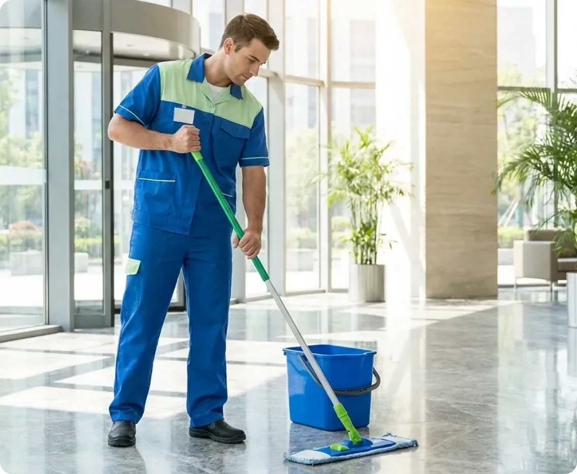 Worker maintaining building cleanliness